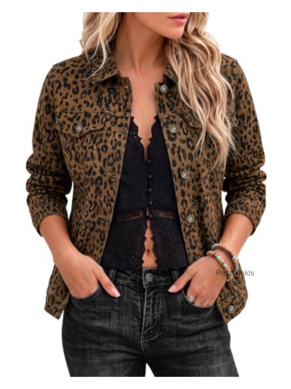 Leopard Cheetah Print Stretch Button Down Jean Jacket